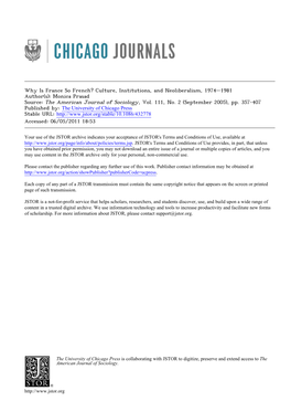 Why Is France So French? Culture, Institutions, and Neoliberalism, 1974–1981 Author(S): Monica Prasad Source: the American Journal of Sociology, Vol