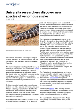 University Researchers Discover New Species of Venomous Snake 25 July 2018