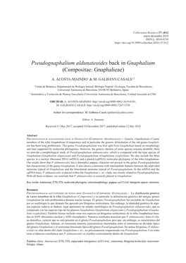 Pseudognaphalium Aldunateoides Back in Gnaphalium (Compositae: Gnaphalieae)