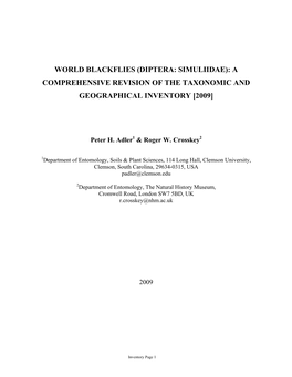 (Diptera: Simuliidae): a Comprehensive Revision of the Taxonomic and Geographical Inventory [2009]