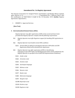 Amendment No. 1 to Registry Agreement