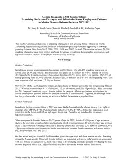 Gender Inequality in 500 Popular Films: Examining On-Screen Portrayals and Behind-The-Scenes Employment Patterns in Motion Pictures Released Between 2007-2012