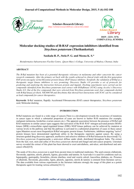 Molecular Docking Studies of B-RAF Expression Inhibitors Identified from Strychnos Potatorum (Thethankottai)