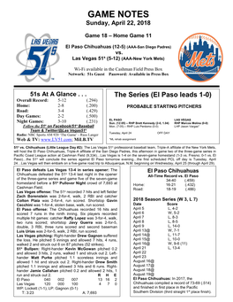 GAME NOTES Sunday, April 22, 2018