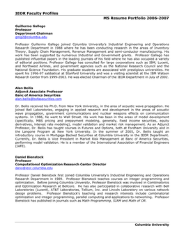 IEOR Faculty Profiles MS Resume Portfolio 2006-2007