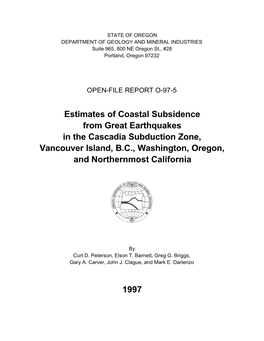 Estimates of Coastal Subsidence from Great Earthquakes in the Cascadia Subduction Zone, Vancouver Island, B.C., Washington, Oregon, and Northernmost California