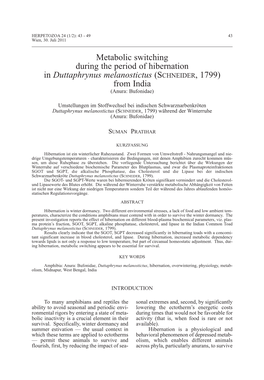 Metabolic Switching During the Period of Hibernation in Duttaphrynus Melanostictus (Schneider, 1799) from India