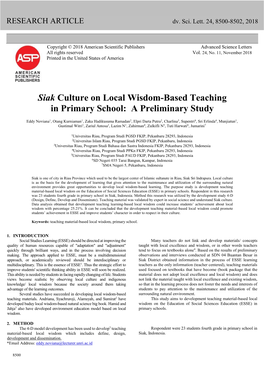 Siak Culture on Local Wisdom-Based Teaching in Primary School: a Preliminary Study