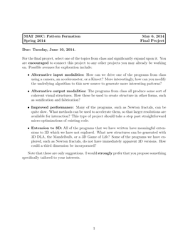 MAT 200C: Pattern Formation May 6, 2014 Spring 2014 Final Project Due