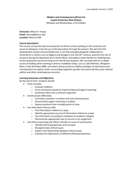 Modern and Contemporary African Art Loyola University, New Orleans Mondays and Wednesdays, 4:55-6:05Pm Instructor: Allison K. Yo