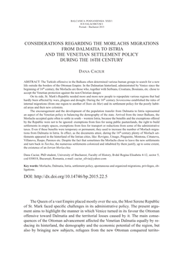 Considerations Regarding the Morlachs Migrations from Dalmatia to Istria and the Venetian Settlement Policy During the 16Th Century