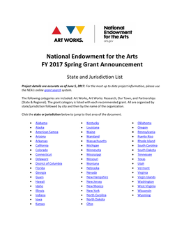 National Endowment for the Arts FY 2017 Spring Grant Announcement