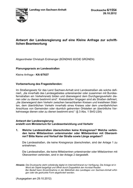 Antwort Der Landesregierung Auf Eine Kleine Anfrage Zur Schrift- Lichen Beantwortung