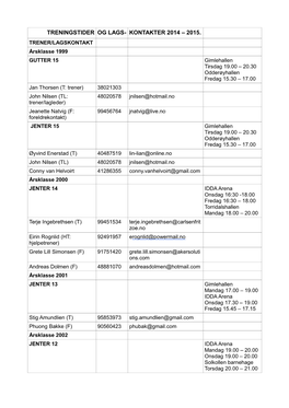 Treningstider Og Lags- Kontakter 2014 – 2015