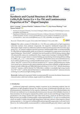 Synthesis and Crystal Structure of the Short Lnsb2o4br Series (Ln = Eu–Tb) and Luminescence Properties of Eu3+-Doped Samples