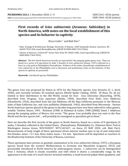 First Records of Icius Subinermis (Araneae: Salticidae) in North America, with Notes on the Local Establishment of This Species and Its Behavior in Captivity