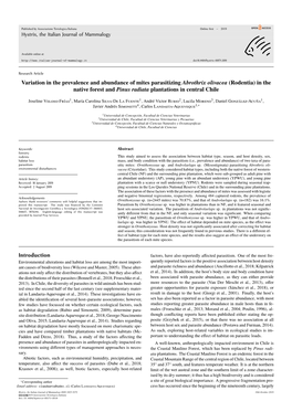 Variation in the Prevalence and Abundance of Mites Parasitizing Abrothrix Olivacea (Rodentia) in the Native Forest and Pinus Radiata Plantations in Central Chile