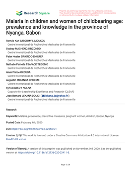Malaria in Children and Women of Childbearing Age: Prevalence and Knowledge in the Province of Nyanga, Gabon