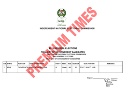 Independent National Electoral Commission 2019 General Elections Final List of Governorship Candidates