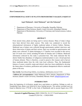 Ethnomedicinal Survy of Plants from District Sialkot, Pakistan