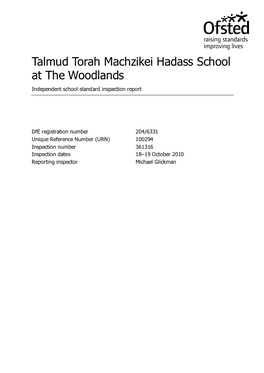 Talmud Torah Machzikei Hadass School at the Woodlands Independent School Standard Inspection Report