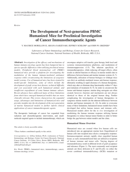 The Development of Next-Generation PBMC Humanized Mice for Preclinical Investigation of Cancer Immunotherapeutic Agents Y