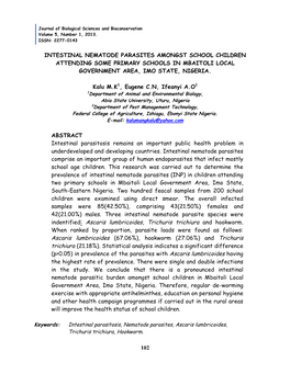 102 Intestinal Nematode Parasites Amongst School Children Attending Some Primary Schools in Mbaitoli Local Government Area