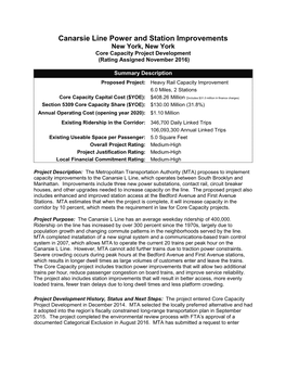 Canarsie Line Power and Station Improvements New York, New York Core Capacity Project Development (Rating Assigned November 2016)