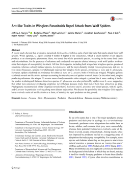 Ant-Like Traits in Wingless Parasitoids Repel Attack from Wolf Spiders