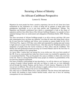 Securing a Sense of Identity an African-Caribbean Perspective Lennox K