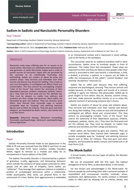 Sadism in Sadistic and Narcissistic Personality Disorders Sam Vaknin*
