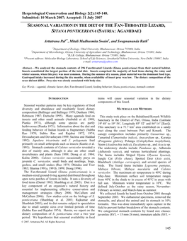 Seasonal Variation in the Diet of the Fan-Throated Lizard, Sitana Ponticeriana (Sauria: Agamidae)