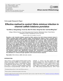 Effective Method to Control Vibrio Mimicus Infection in Channel Catfish Ictalurus Punctatus