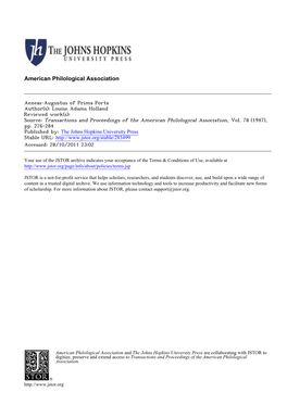 Aeneas-Augustus of Prima Porta Author(S): Louise Adams Holland Reviewed Work(S): Source: Transactions and Proceedings of the American Philological Association, Vol