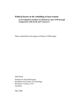 Political Factors in the Rebuilding of Mass Transit: an Investigation of Failure in Melbourne Since 1970 Through Comparisons with Perth and Vancouver