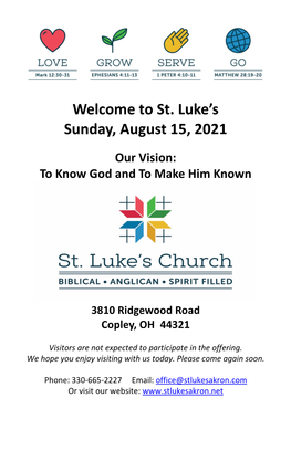St. Luke's Sunday, August 15, 2021