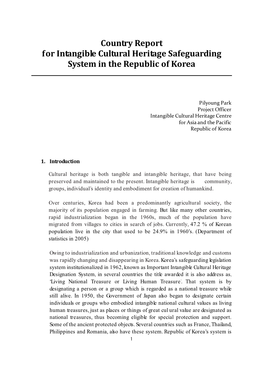 Country Report for Intangible Cultural Heritage Safeguarding System in the Republic of Korea