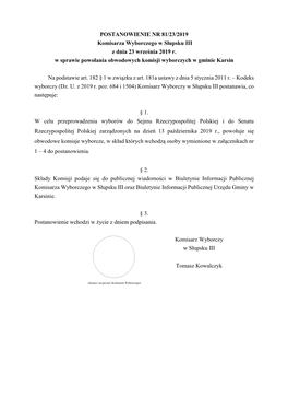 POSTANOWIENIE NR 81/23/2019 Komisarza Wyborczego W Słupsku III Z Dnia 23 Września 2019 R
