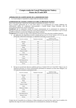 Compte-Rendu Du Conseil Municipal De Vindecy Séance Du 23 Août 2019