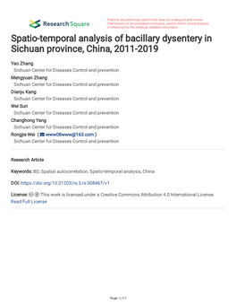 Spatio-Temporal Analysis of Bacillary Dysentery in Sichuan Province, China, 2011-2019