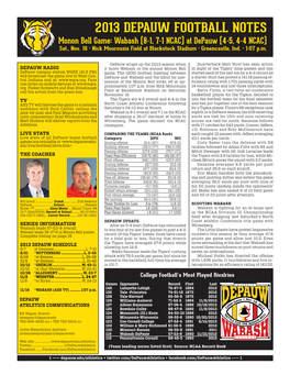 2013 DEPAUW FOOTBALL NOTES Monon Bell Game: Wabash (8-1, 7-1 NCAC) at Depauw (4-5, 4-4 NCAC) Sat., Nov