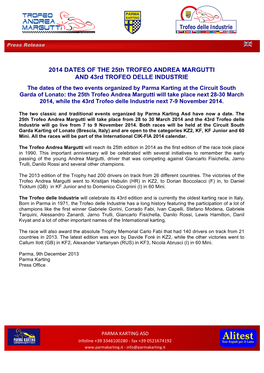 2014 DATES of the 25Th TROFEO ANDREA MARGUTTI and 43Rd TROFEO DELLE INDUSTRIE