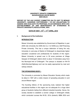University Grants Commission Bahadurshah Zafar Marg New Delhi Report of the Ugc Expert Committee on Its Visit to Mewar Universi