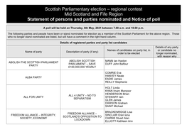 Scottish Parliamentary Election – Regional Contest Mid Scotland and Fife Region Statement of Persons and Parties Nominated and Notice of Poll