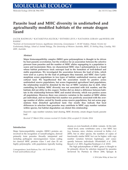 Parasite Load and MHC Diversity in Undisturbed and Agriculturally Modiﬁed Habitats of the Ornate Dragon Lizard