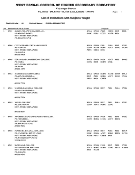 WEST BENGAL COUNCIL of HIGHER SECONDARY EDUCATION Vidyasagar Bhavan 9/2, Block - DJ, Sector - II, Salt Lake, Kolkata - 700 091 Page : 1