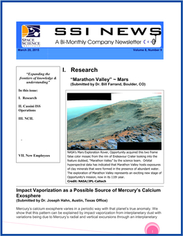 I. Research “Expanding the Frontiers of Knowledge & “Marathon Valley” ~ Mars Understanding” (Submitted by Dr