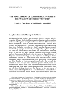 The Development of Eucharistic Liturgies in the Anglican Church of Australia