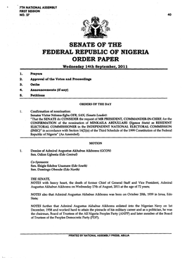 SENATE of the FEDERAL REPUBLIC of NIGERIA ORDER PAPER Wednesday 14Th September, 2011