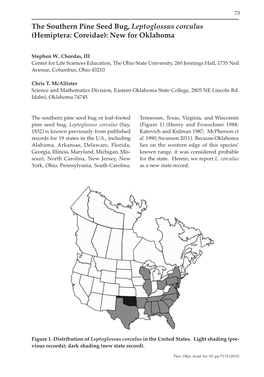 The Southern Pine Seed Bug, Leptoglossus Corculus (Hemiptera: Coreidae): New for Oklahoma